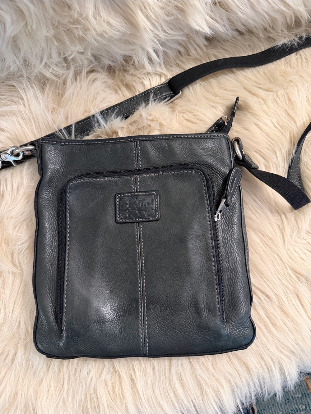 Fossil Black Leather Messenger Crossbody Bag